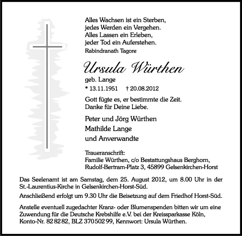 Traueranzeige für Ursula Würthen vom 22.08.2012 aus Tageszeitung
