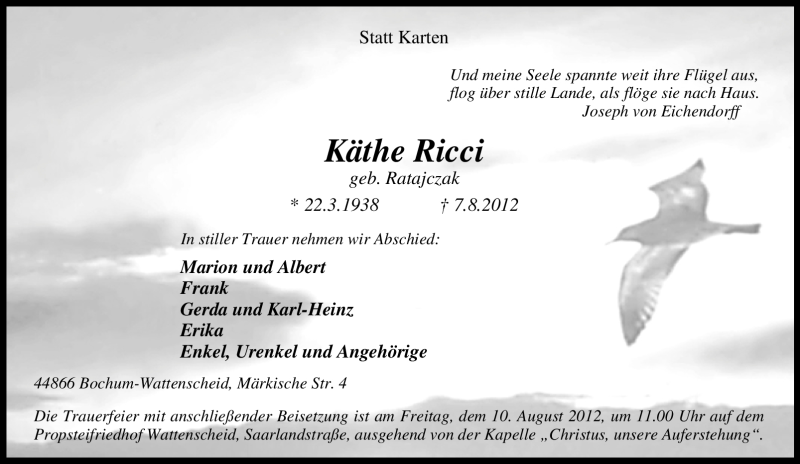  Traueranzeige für Käthe Ricci vom 08.08.2012 aus Tageszeitung