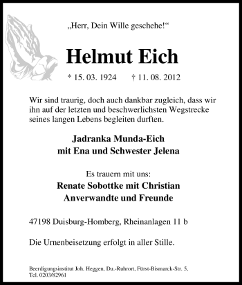 Traueranzeige von Helmut Eich von Tageszeitung