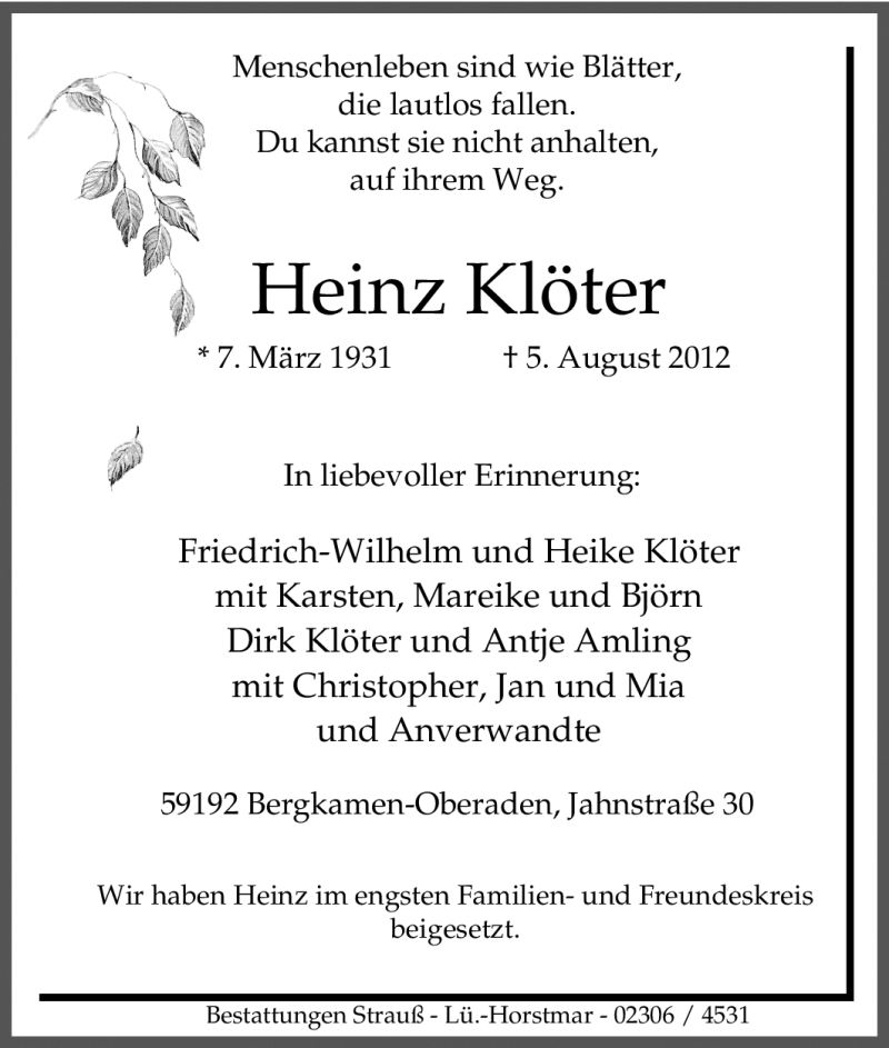  Traueranzeige für Heinz Klöter vom 22.08.2012 aus Tageszeitung
