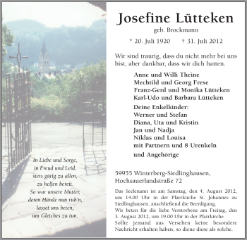 Traueranzeige von Josefine Lütteken von Tageszeitung