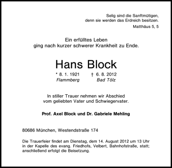 Traueranzeige von Hans Block von Tageszeitung