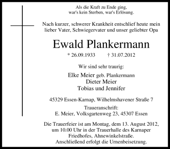 Traueranzeige von Ewald Plankermann von Tageszeitung