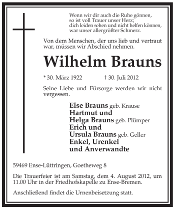 Traueranzeige von Wilhelm Brauns von Tageszeitung