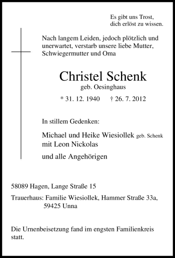 Traueranzeige von Christel Schenk von Tageszeitung