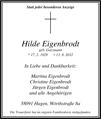 Traueranzeige von Hilde Eigenbrodt von Tageszeitung