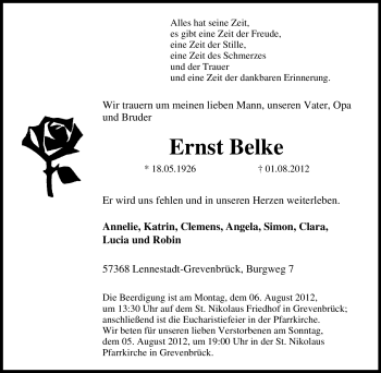 Traueranzeige von Ernst Belke von Tageszeitung