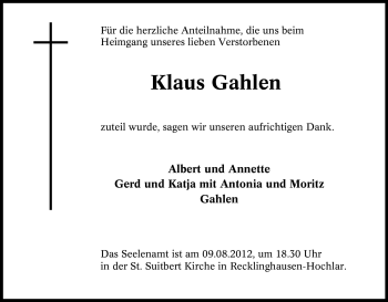 Traueranzeige von Klaus Gahlen von Tageszeitung