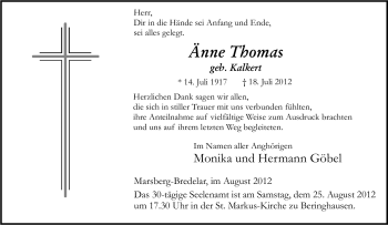 Traueranzeige von Änne Thomas von Tageszeitung