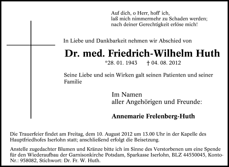  Traueranzeige für Friedrich-Wilhelm Huth vom 08.08.2012 aus Tageszeitung