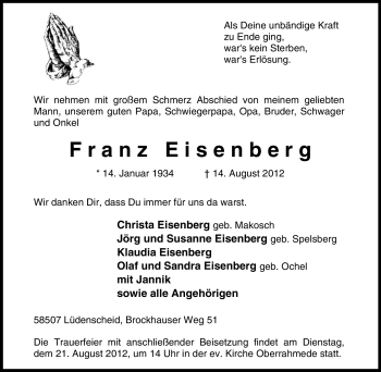 Traueranzeige von Franz Eisenberg von Tageszeitung