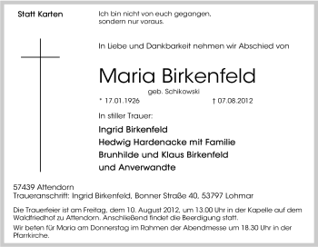 Traueranzeige von Maria Birkenfeld von Tageszeitung