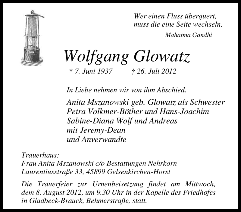 Traueranzeige für Wolfgang Glowatz vom 04.08.2012 aus Tageszeitung