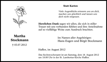 Traueranzeige von Martha Stockmann von Tageszeitung