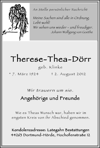 Traueranzeige von Therese-Thea Dörr von Tageszeitung