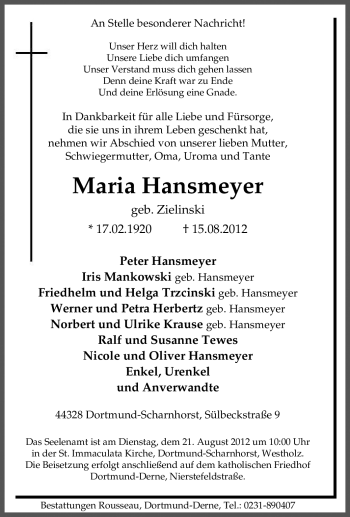 Traueranzeige von Maria Hansmeyer von Tageszeitung