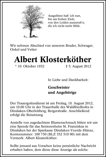 Traueranzeige von Albert Klosterköther von Tageszeitung