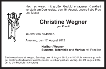 Traueranzeige von Christine Wegner von Tageszeitung