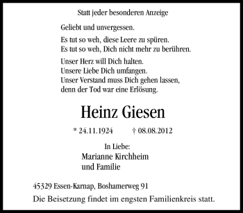 Traueranzeige von Heinz Giesen von Tageszeitung