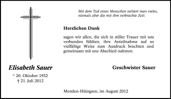 Traueranzeige von Elisabeth Sauer von Tageszeitung