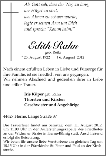 Traueranzeige von Edith Rahn von Tageszeitung