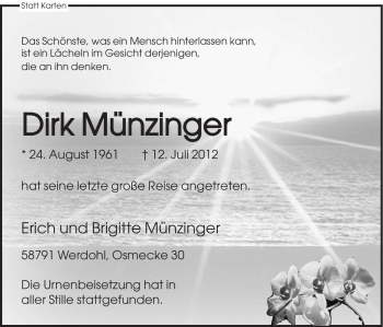 Traueranzeige von Dirk Münzinger von Tageszeitung