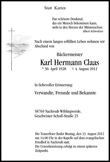 Traueranzeige von Karl Hermann Claas von Tageszeitung