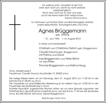 Traueranzeige von Agnes Brüggemann von Tageszeitung