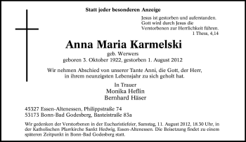 Traueranzeige von Anna Maria Karmelski von Tageszeitung