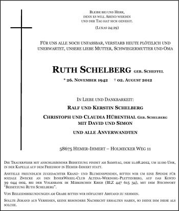 Traueranzeige von Ruth Schelberg von Tageszeitung