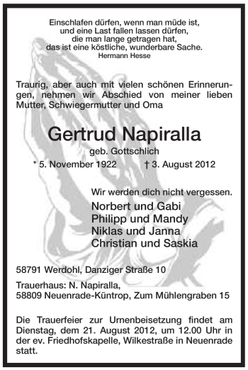 Traueranzeige von Gertrud Napiralla von Tageszeitung