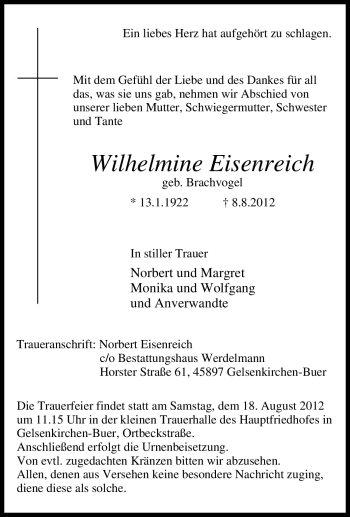 Traueranzeige von Wilhelmine Eisenreich von Tageszeitung