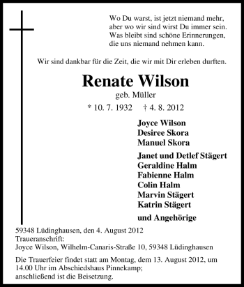 Traueranzeige von Renate Wilson von Tageszeitung