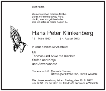 Traueranzeige von Hans Peter Klinkenberg von Tageszeitung