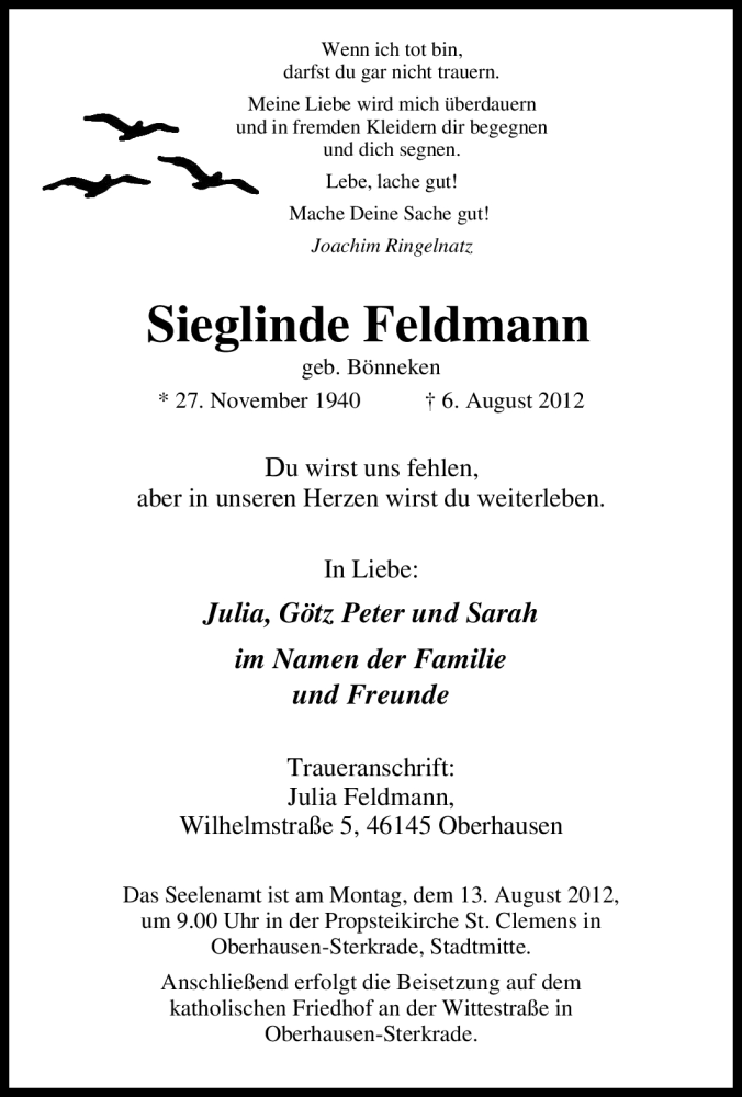  Traueranzeige für Sieglinde Feldmann vom 09.08.2012 aus Tageszeitung