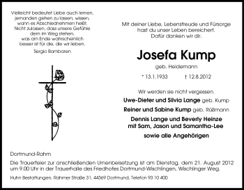 Traueranzeige von Josefa Kump von Tageszeitung