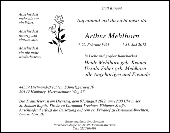 Traueranzeige von Arthur Mehlhorn von Tageszeitung