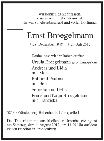 Traueranzeige von Ernst Broegelmann von Tageszeitung