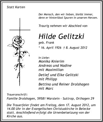 Traueranzeige von Hilde Gelitzki von Tageszeitung
