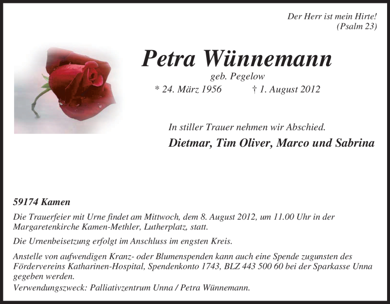  Traueranzeige für Petra Wünnemann vom 04.08.2012 aus Tageszeitung