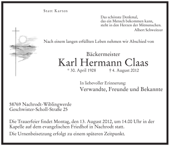 Traueranzeige von Karl Hermann Claas von Tageszeitung