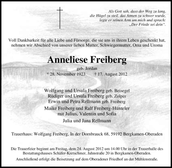 Traueranzeige von Anneliese Freiberg von Tageszeitung