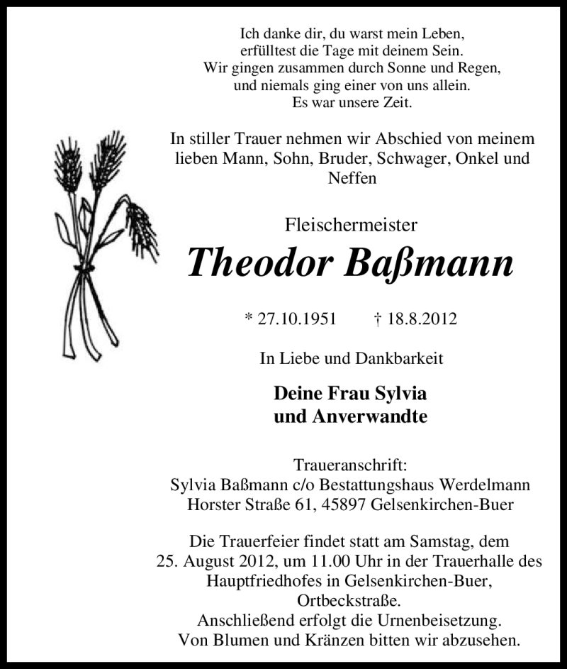  Traueranzeige für Theodor Baßmann vom 22.08.2012 aus Tageszeitung