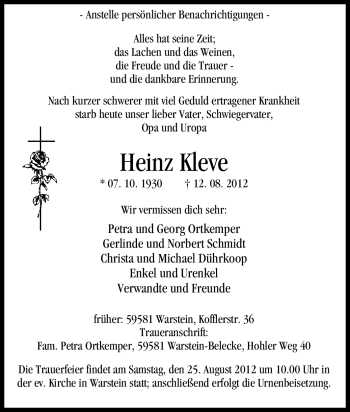 Traueranzeige von Heinz Kleve von Tageszeitung