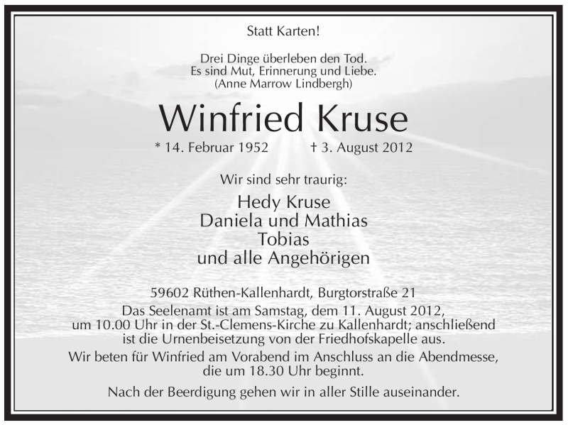  Traueranzeige für Winfried Kruse vom 08.08.2012 aus Tageszeitung