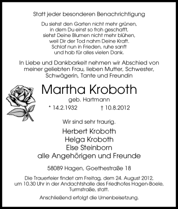 Traueranzeige von Martha Kroboth von Tageszeitung