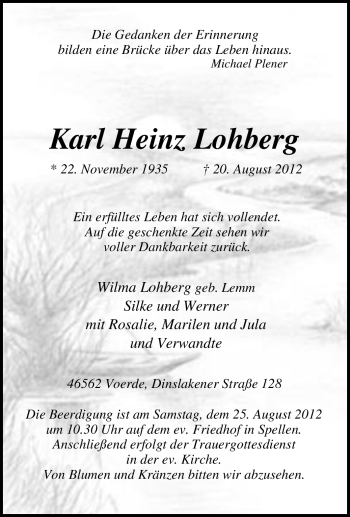 Traueranzeige von Karl Heinz Lohberg von Tageszeitung