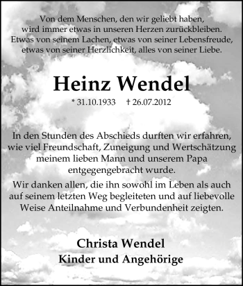 Traueranzeige von Heinz Wendel von Tageszeitung