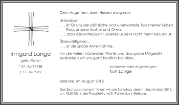 Traueranzeige von Irmgard Lange von Tageszeitung