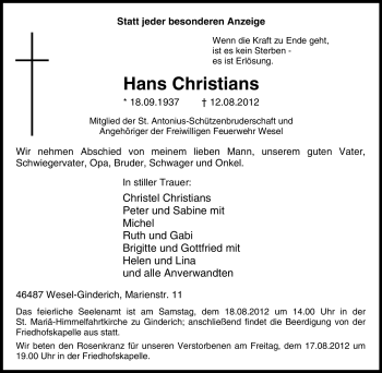 Traueranzeige von Hans Christians von Tageszeitung